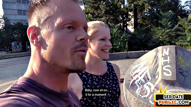 Pierced blonde cockriding in public