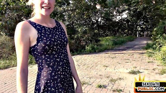 Pierced blonde cockriding in public