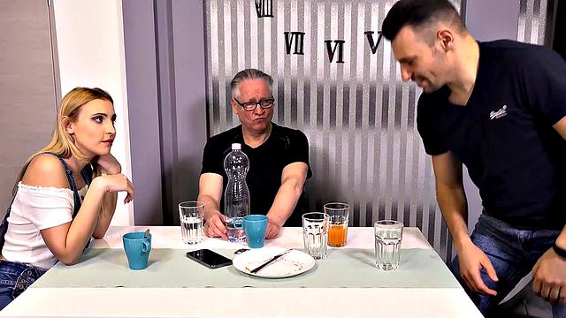 Blonde babe seduces BF's old man while getting her tattooed pussy licked on the couch