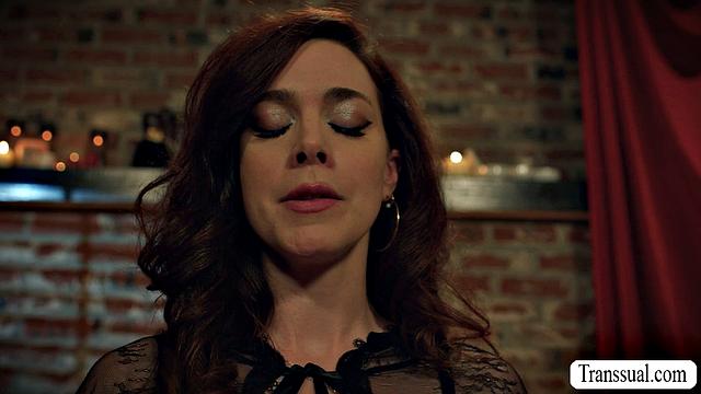 Busty witch summons two shemales and gets fucked