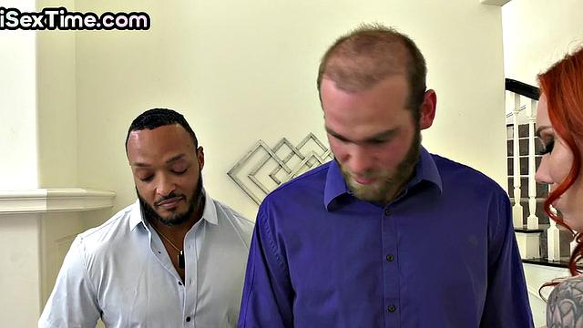 Redhead babe in stockings IR fucked in 3some