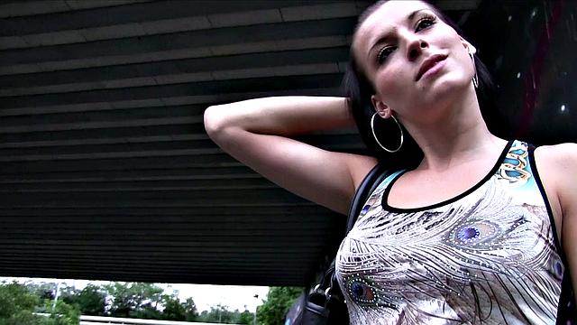 Sexy chick with earring gets her ass drenched in cum after public blowjob