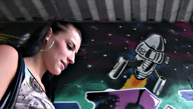 Sexy chick with earring gets her ass drenched in cum after public blowjob