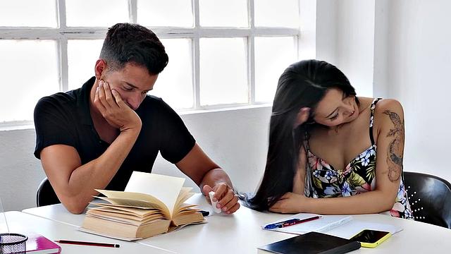 Class Sucks Hard As She Does: Brunette with brown hair gets fucked in the classroom
