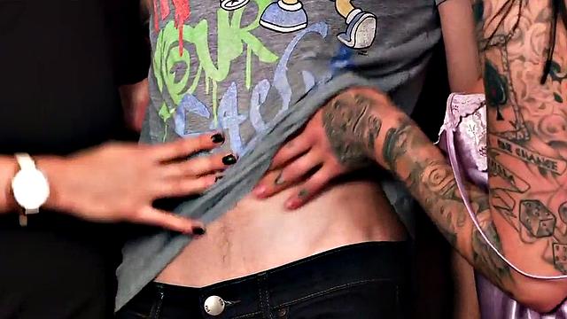 CFNM babes suck cock in 3some in front of voyeur lady