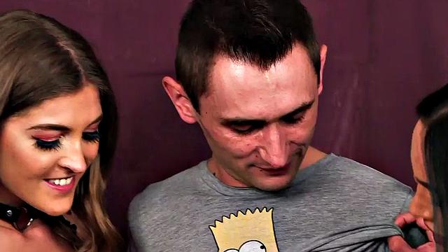 CFNM babes suck cock in 3some in front of voyeur lady