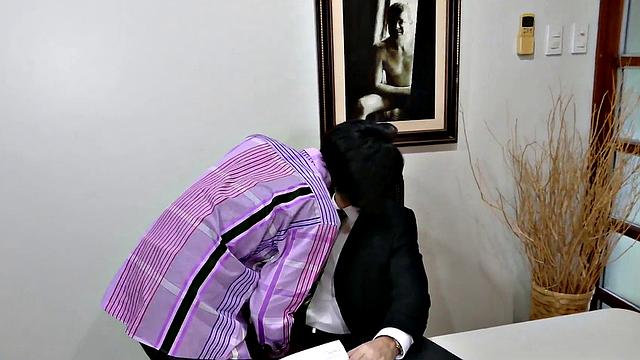 Slim Asian sucks before getting fingered and fucked by mature boss