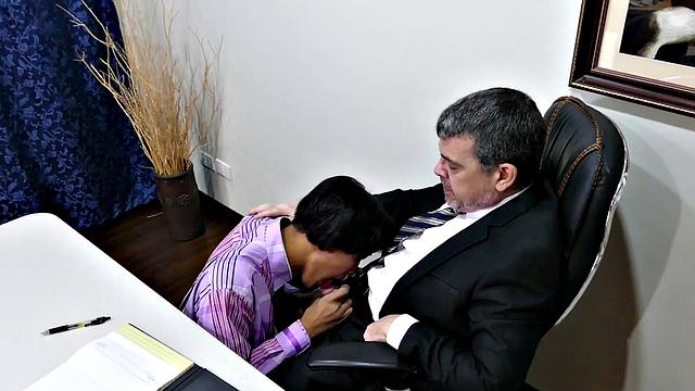 Slim Asian sucks before getting fingered and fucked by mature boss