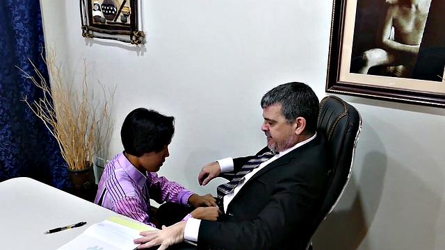 Slim Asian sucks before getting fingered and fucked by mature boss