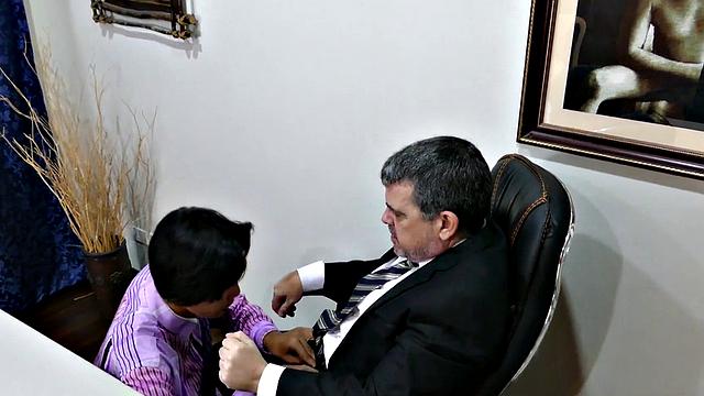 Slim Asian sucks before getting fingered and fucked by mature boss