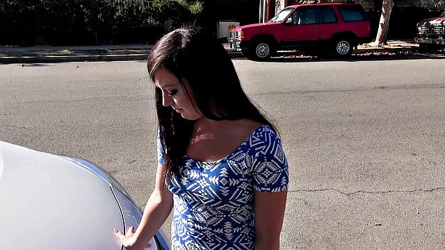 Watch this brown-haired babe give a hot handjob & get a facial in the living room