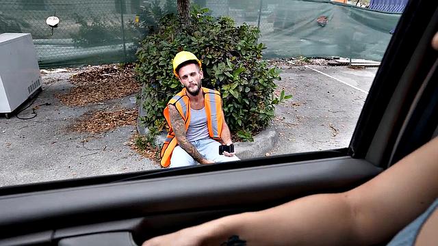 Straight amateur worker fucks ass in public van outdoor