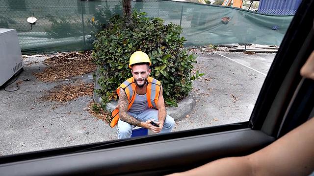Straight amateur worker fucks ass in public van outdoor