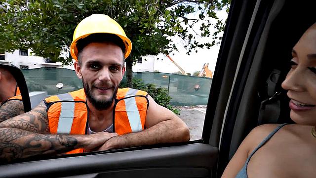 Straight amateur worker fucks ass in public van outdoor