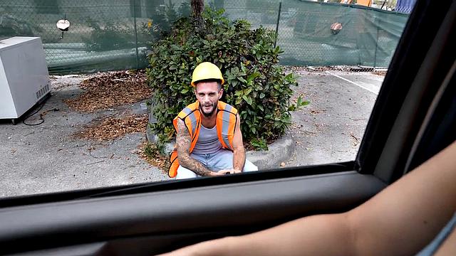 Straight amateur worker fucks ass in public van outdoor