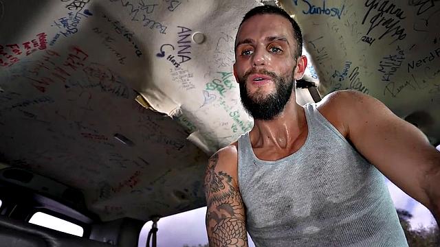 Straight amateur worker fucks ass in public van outdoor