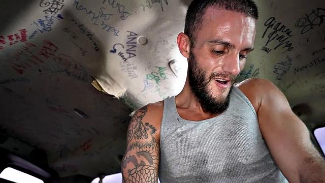 Straight amateur worker fucks ass in public van outdoor