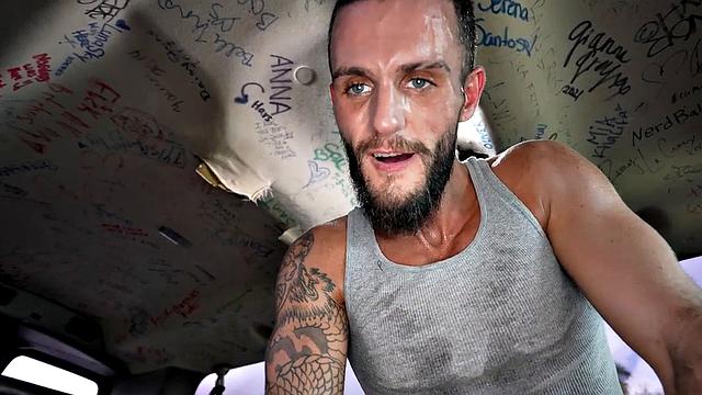 Straight amateur worker fucks ass in public van outdoor