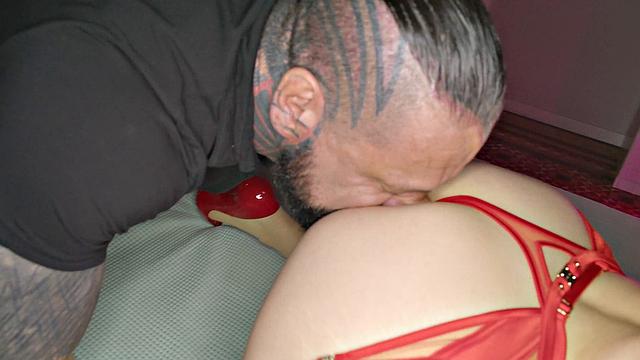 Brunette in red pantyhose rides firm cock, molten gonzo porn!