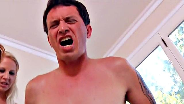 Pegging babes fuck dude's ass in femdom group with strapon