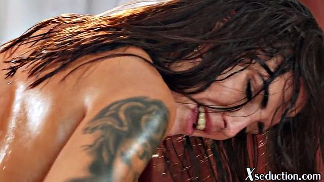 Oiled busty babe pussyfucked hard