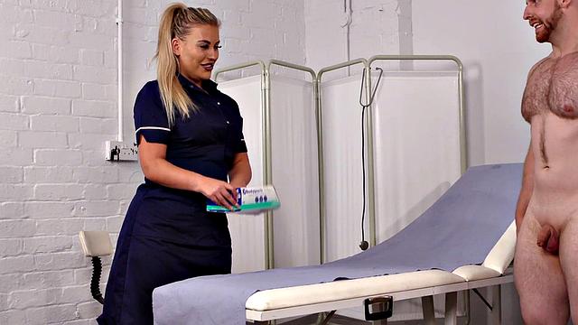 Tiny dude jerked off by busty CFNM nurse in lingerie