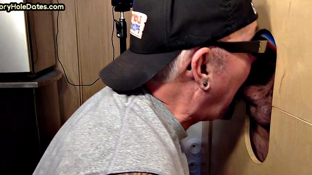 Real gloryhole DILF sucks hard dick in blowjob