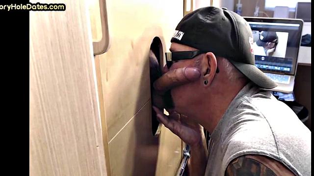 Real gloryhole DILF sucks hard dick in blowjob