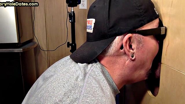 Real gloryhole DILF sucks hard dick in blowjob