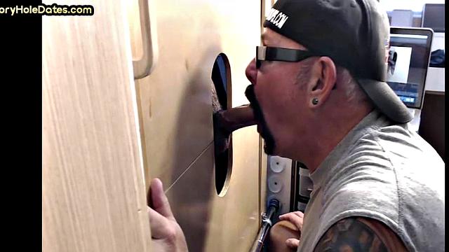 Real gloryhole DILF sucks hard dick in blowjob