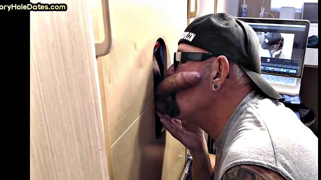 Real gloryhole DILF sucks hard dick in blowjob