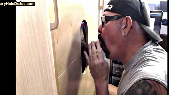 Real gloryhole DILF sucks hard dick in blowjob