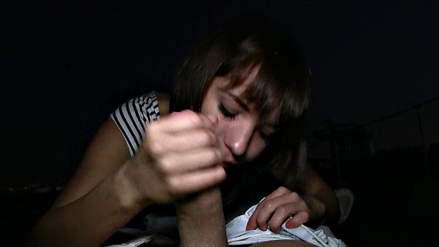 Cute Brunette gets pounded on the balcony with a hot handjob and blowjob