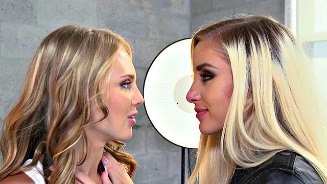 Blonde with high heels and a g-string gets her bald pussy licked and fingered in a steamy lesbian scene