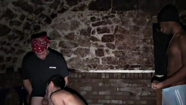 Amateur Black voyeur jerks on white anal in basement