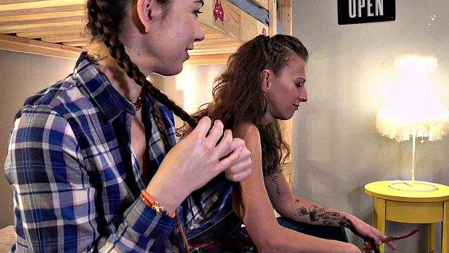 Blonde in panty and lingerie enjoys getting kinky with a big dildo in a threesome with a close-up view of her