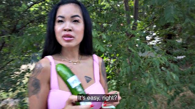 Tattooed public slut fucked outdoors in doggystyle