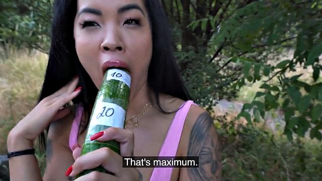 Tattooed public slut fucked outdoors in doggystyle