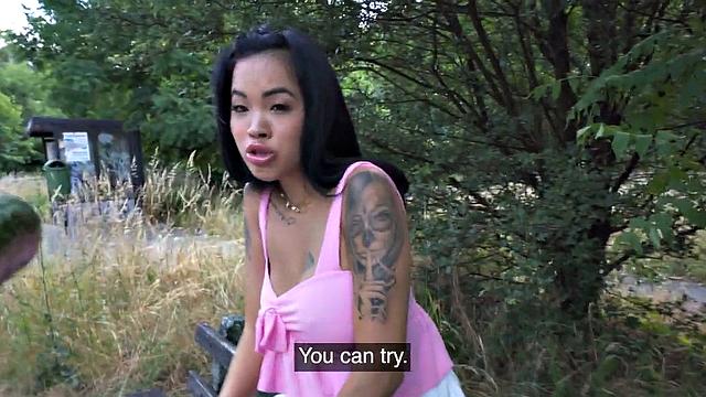 Tattooed public slut fucked outdoors in doggystyle