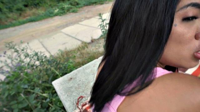 Tattooed public slut fucked outdoors in doggystyle