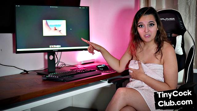 Solo amateur babe in towel makes fun of small men