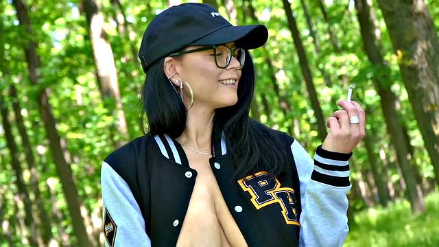 Busty Milf Shione Cooper Smoking And Masturbating In Park