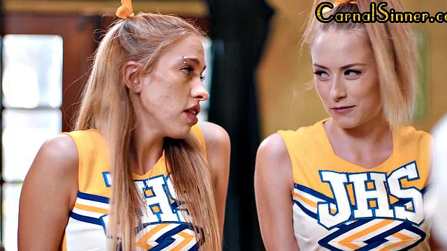 Sinning cheerleaders suck cock and get fucked by coach