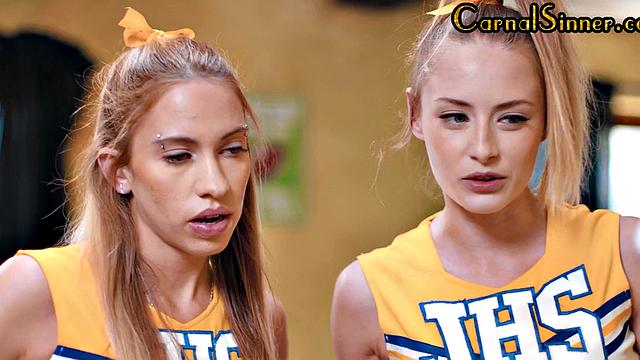 Sinning cheerleaders suck cock and get fucked by coach