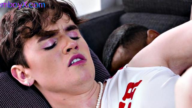 Cheerleading femboi spoils with cocksuck and interracial session