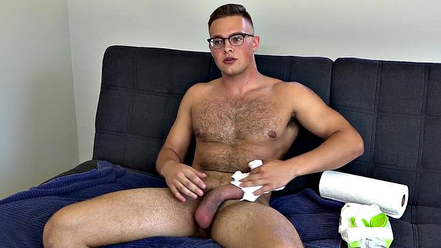 Hairy jock with handsome body jerks cock and cums on casting