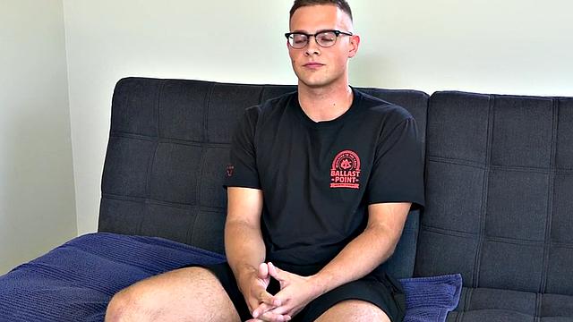 Hairy jock with handsome body jerks cock and cums on casting