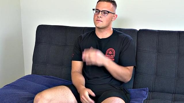 Hairy jock with handsome body jerks cock and cums on casting