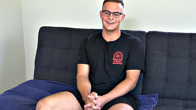 Hairy jock with handsome body jerks cock and cums on casting