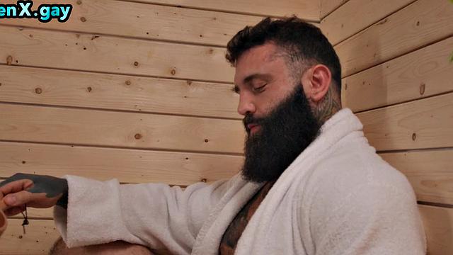 Inked hung deepthroated by skinny twink in sauna